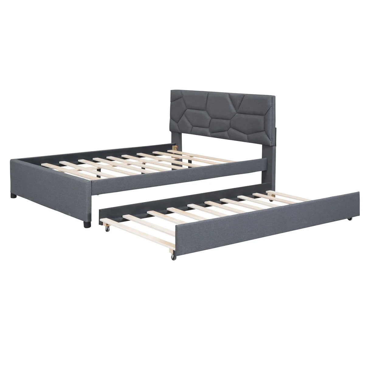 Upholstered Platform Bed With Brick Pattern Headboard And Twin Long Size Trundle - Furniture Home Direct