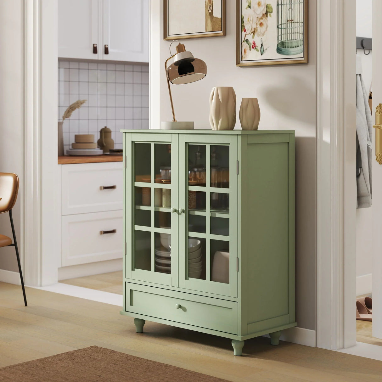 Minimalist Buffet Cabinet With Double Glass Doors And Drawer - Furniture Home Direct