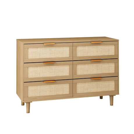 Modern Rattan Dresser With 6 Drawers For Bedroom And Living Room - Oak - Furniture Home Direct