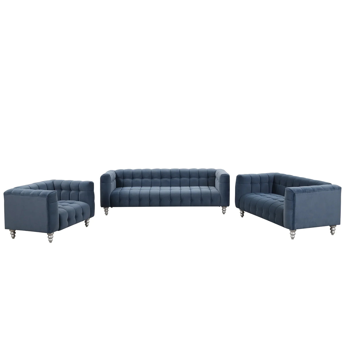 Modern 3-Living Room Set Including Sofa, love seat and Chair with solid wood legs, buttoned tufted backrest - Blue - Furniture Home Direct