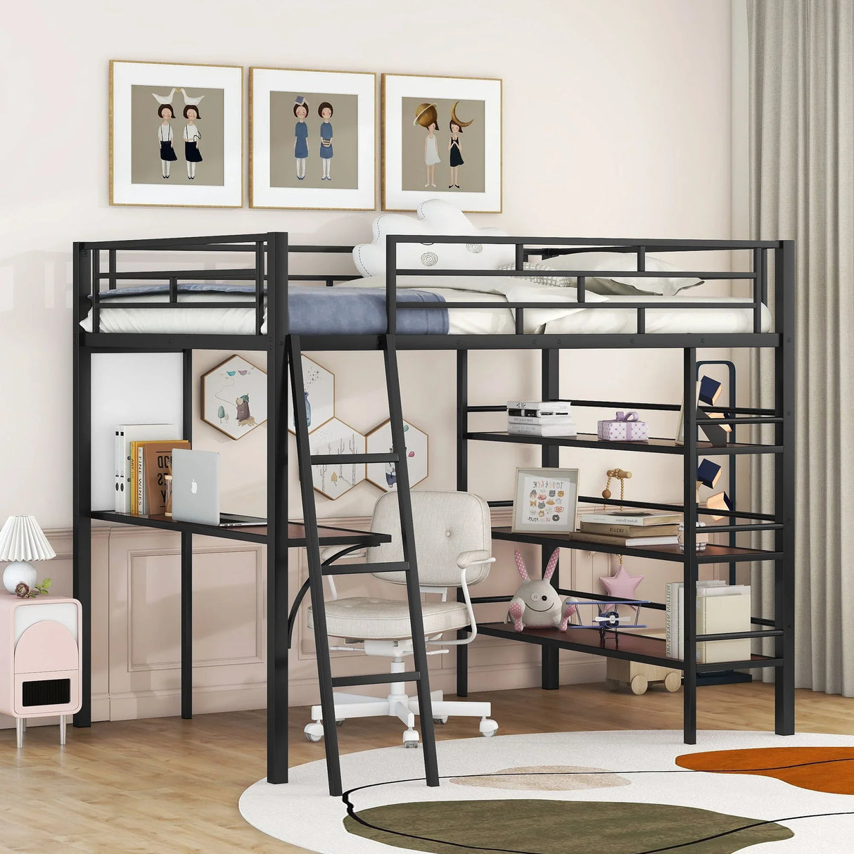 Bed With 3 Layers Of Shelves And Desk, Stylish Frame Bed - Furniture Home Direct