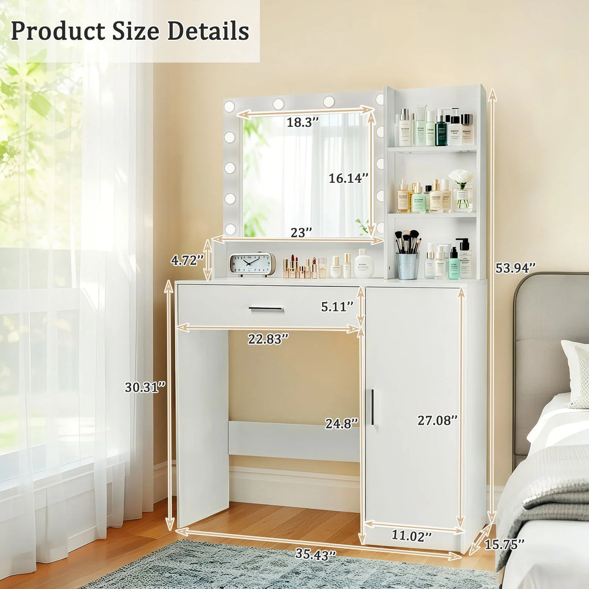 Vanity Desk With Mirror And Adjustable LED Lights, 3 Lighting Modes, Drawer And Storage Cabinet - White - Furniture Home Direct