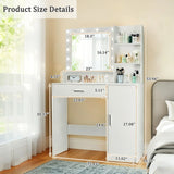 Vanity Desk With Mirror And Adjustable LED Lights, 3 Lighting Modes, Drawer And Storage Cabinet - White - Furniture Home Direct
