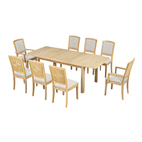 Topmax - Rustic Extendable Dining Table Set With Removable Leaf, 6 Upholstered Armless Dining Chairs And 2 Padded Arm Chairs, 9 Pieces - Furniture Home Direct