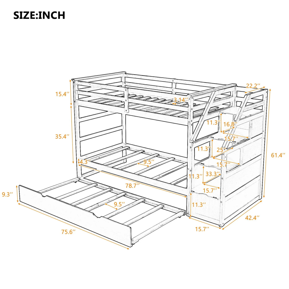 Twin Over Twin Bunk Bed With Twin Size Trundle And 3 Storage Stairs - Espresso - Furniture Home Direct