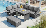 Outdoor Sectional With Side Tables, Tables and Sitting Ottoman- Gray - Furniture Home Direct