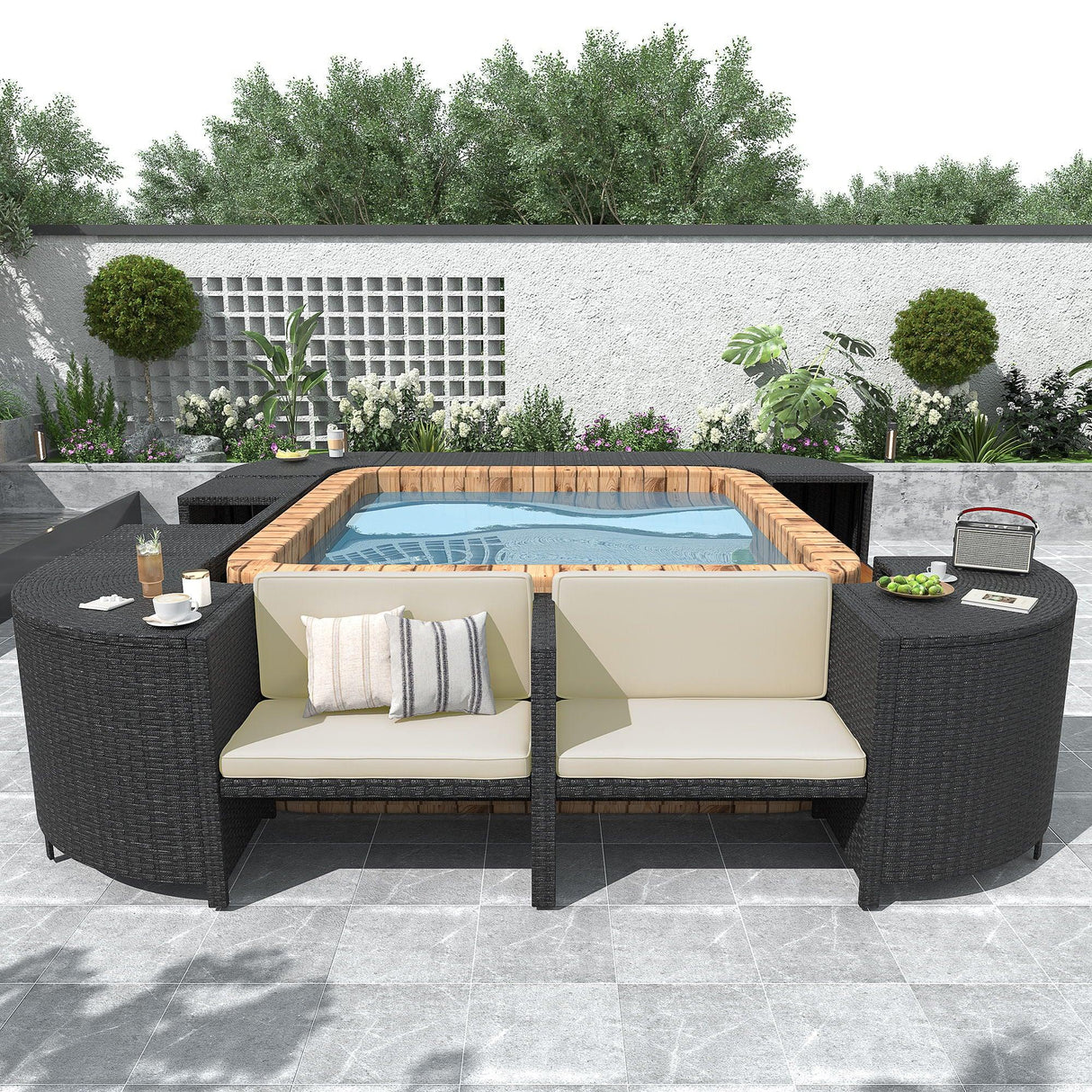 Spa Surround Spa Frame Quadrilateral Outdoor Rattan Sectional Sofa Set With Mini Sofa, Wooden Seats And Storage Spaces - Furniture Home Direct