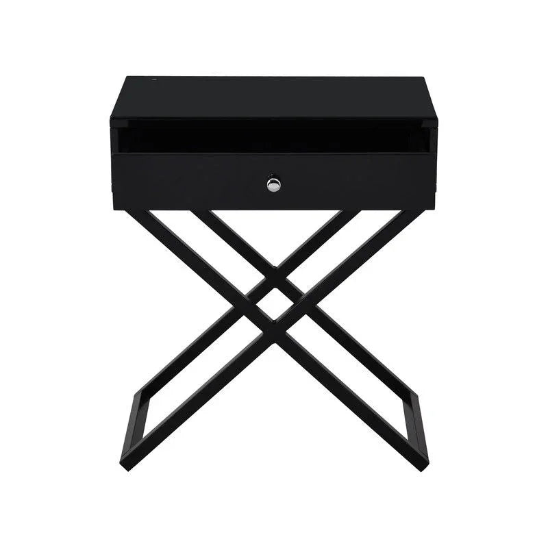 Koda - Wooden End Side Table Nightstand With Glass Top, Drawer And Metal Cross Base - Furniture Home Direct