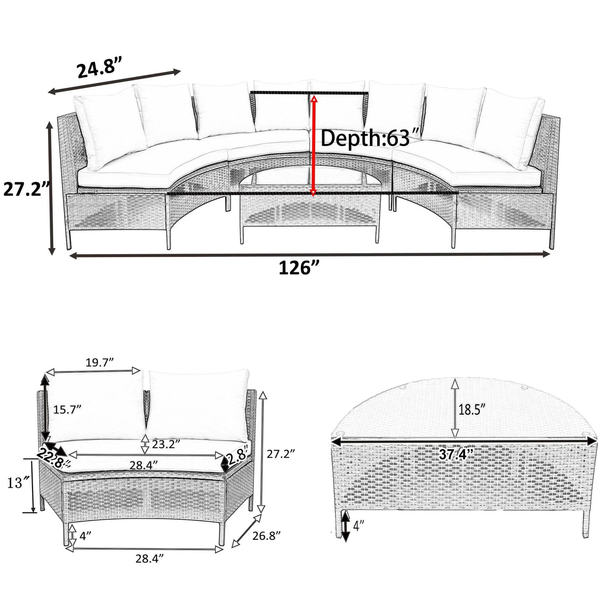 4 Piece Curved Wicker Patio Sectional with Coffee table - Gray - Furniture Home Direct