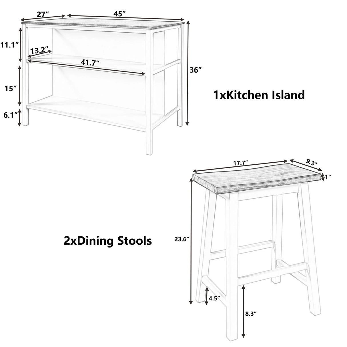 Rustic 3 Piece Stationary Kitchen Island Set With 2 Seatings, With 2 Open Shelves - Furniture Home Direct