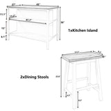 Rustic 3 Piece Stationary Kitchen Island Set With 2 Seatings, With 2 Open Shelves - Furniture Home Direct