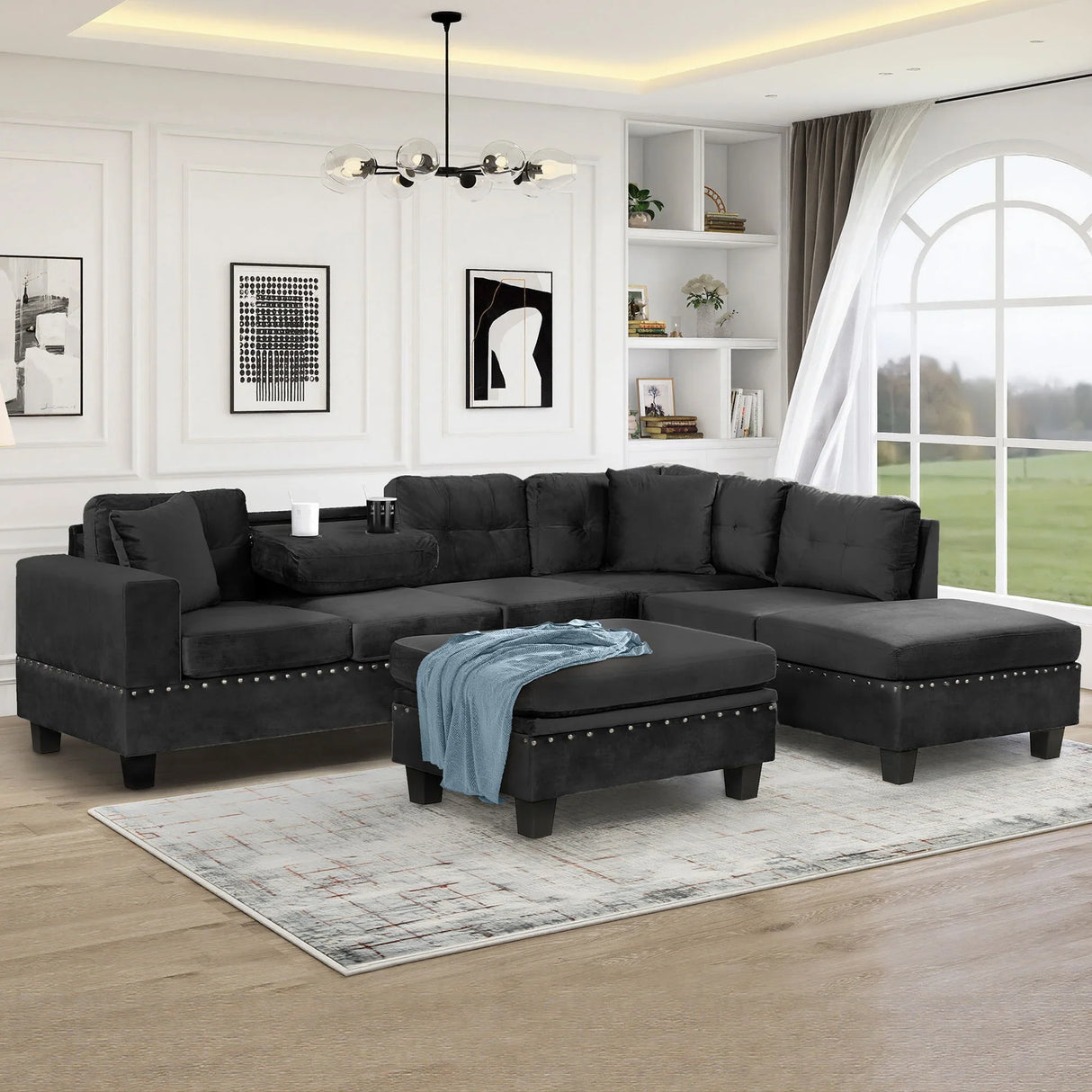 Modern Sectional Sofa With Storage Ottoman, L - Shape Couch With 2 Pillows And Cup Holders - Furniture Home Direct