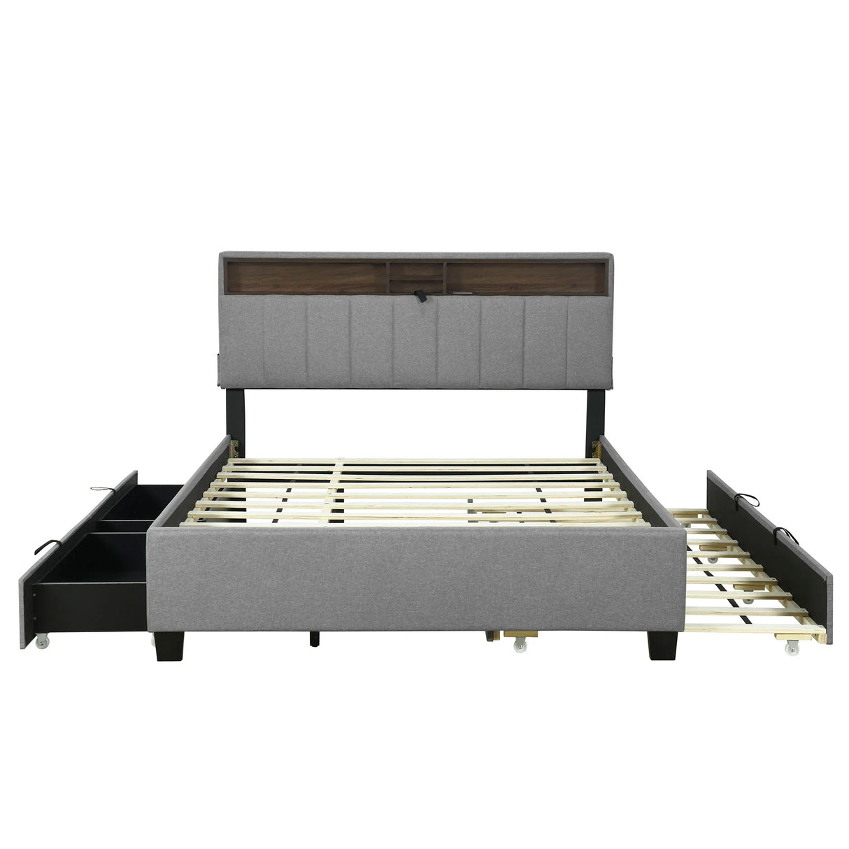 Upholstered Platform Bed With Storage Headboard, Trundle & 2 Drawers And A Set Of Sockets & USB Ports - Furniture Home Direct