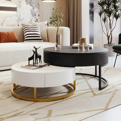 Nesting Coffee Tables Round Lift-Top Modern Black and White - Furniture Home Direct
