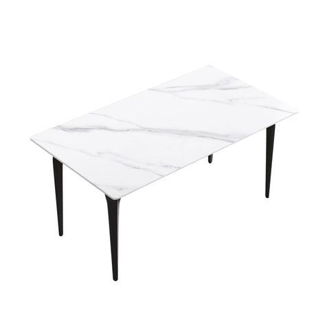 63" Modern Artificial Stone White Straight Edge Black Metal Leg Dining Table, 6 People - White / Black - Furniture Home Direct