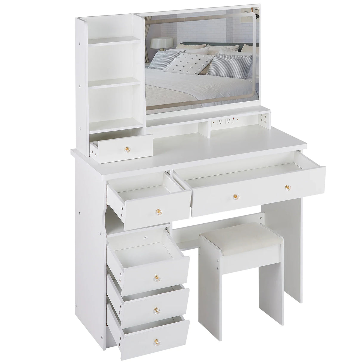 Vanity Desk Set With Cushioned Stool And Large Mirror White - Furniture Home Direct