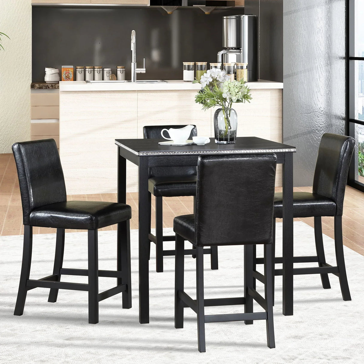 5 Pieces Counter Height Table Set, Kitchen Table With Square Table And 4 Upholstered Chairs - Furniture Home Direct