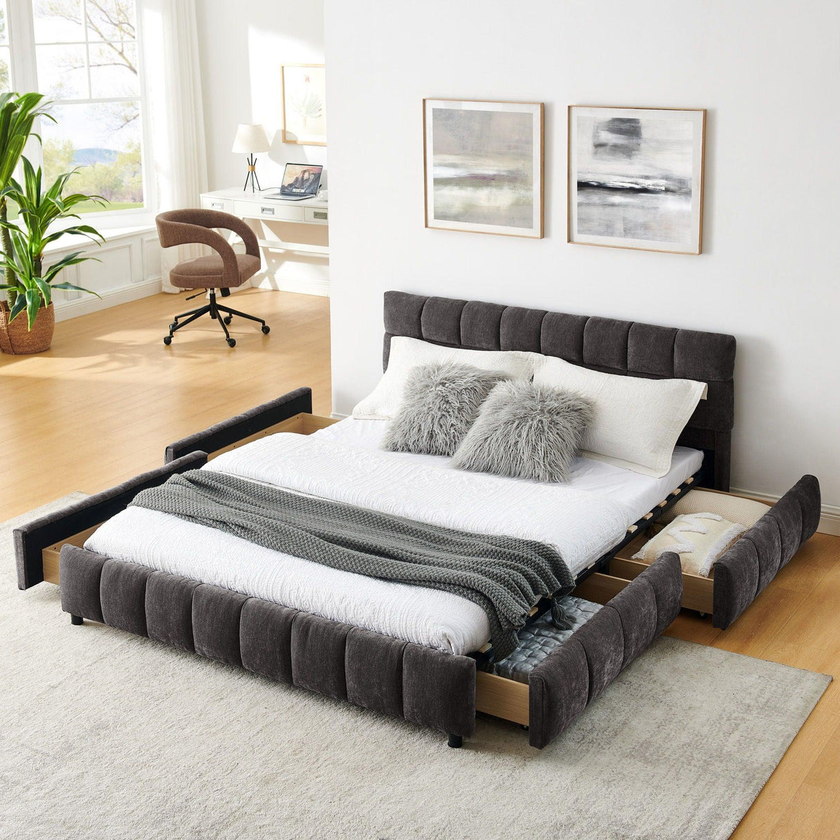 Modern Platform Bed Frame With Thick Chenille Fabric - Furniture Home Direct