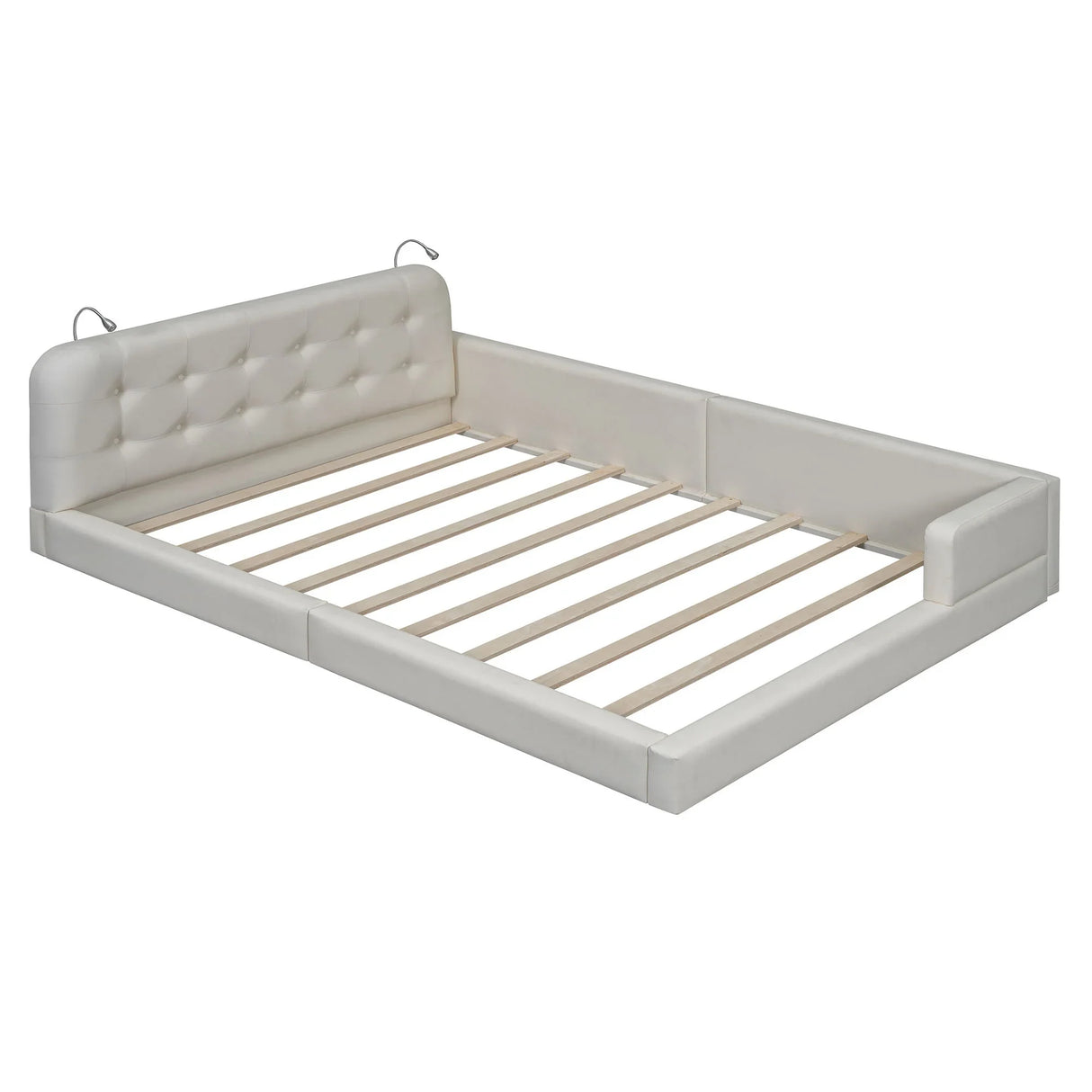 Queen Size Upholstered Platform Bed With 2 Reading Lights - White - Furniture Home Direct