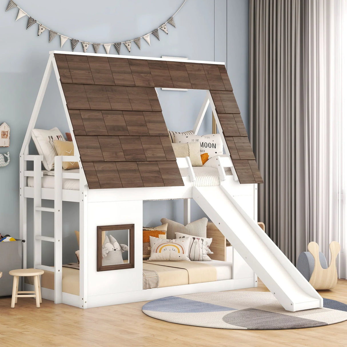 Wood Twin Size House Bunk Bed With Roof, Ladder And Slide - White / Brown - Furniture Home Direct