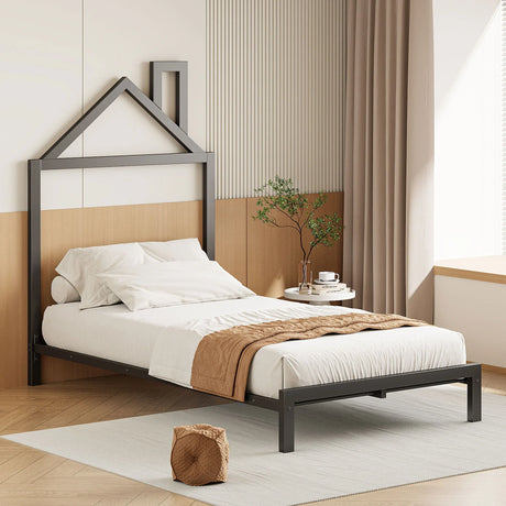 Metal Platform Bed With House-Shaped Headboard Design - Furniture Home Direct