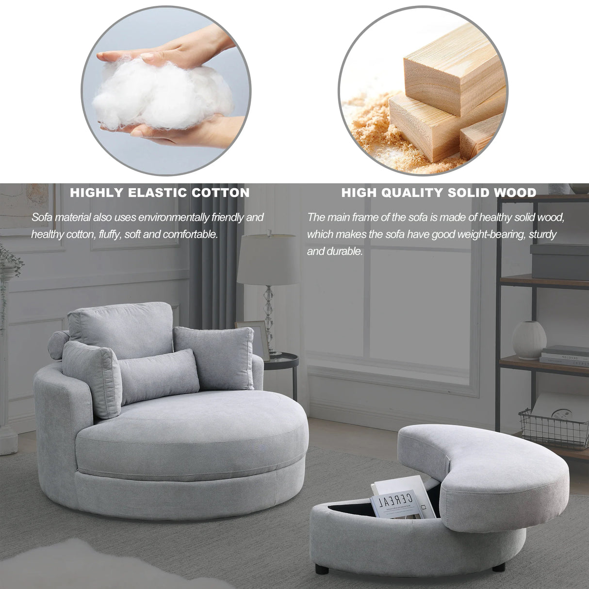 Linen Barrel Swivel Chair With Storage Ottoman - Furniture Home Direct