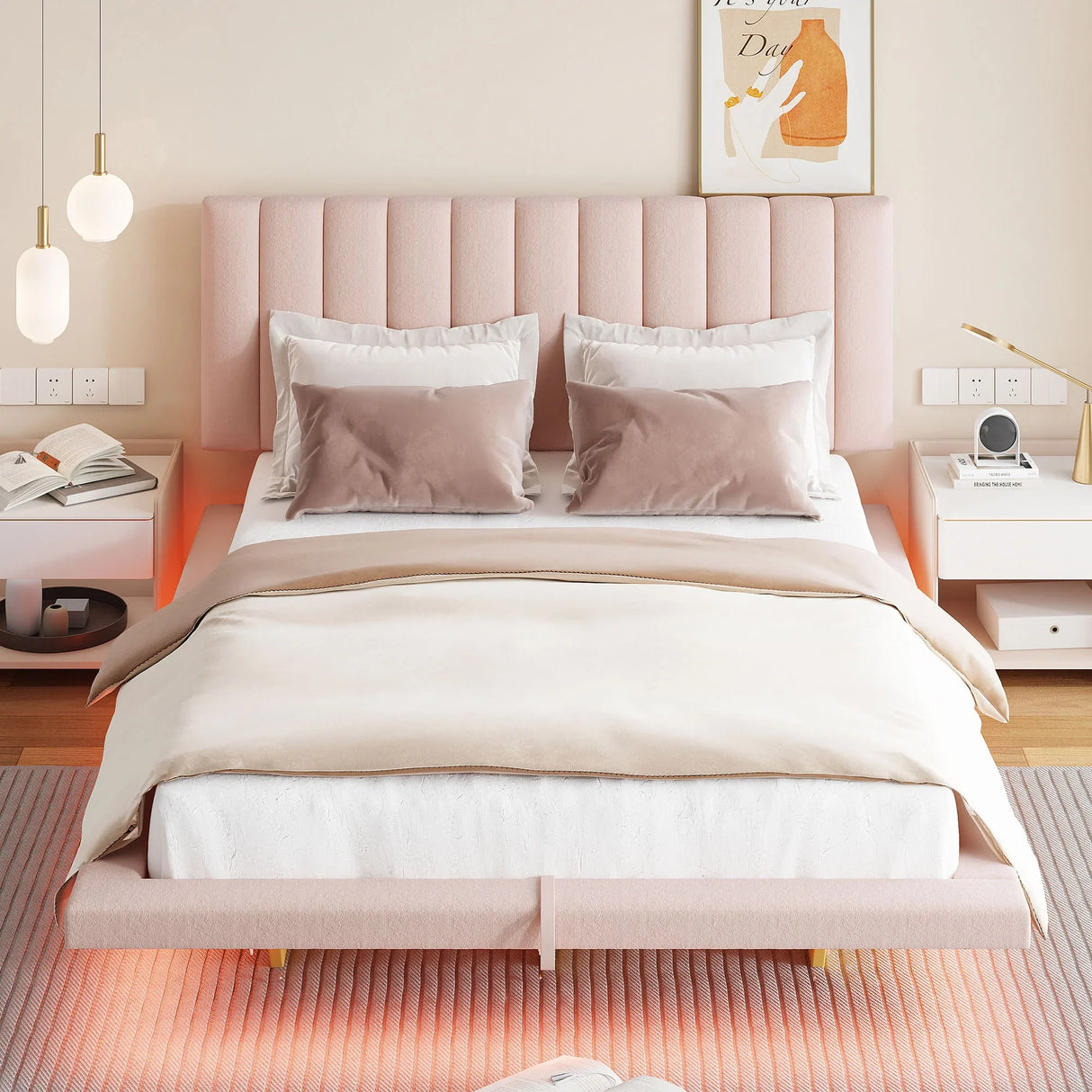 Upholstered Floating Hydrualic Platform Bed With LED Light And USB Port - Furniture Home Direct
