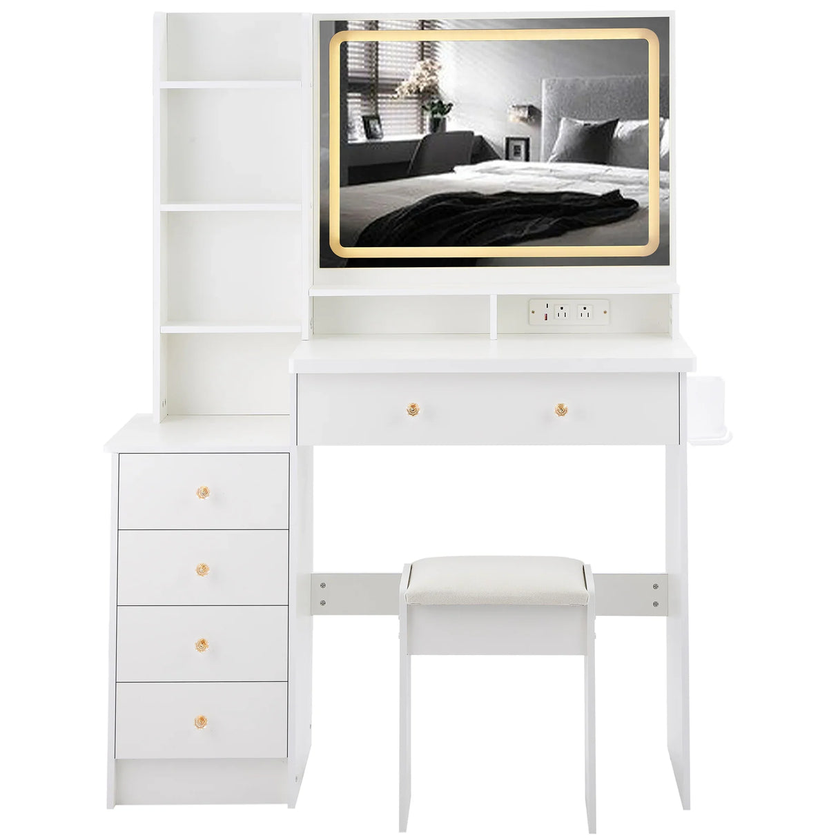 Vanity Desk With Cushioned Stool Mirror Makeup White - Furniture Home Direct