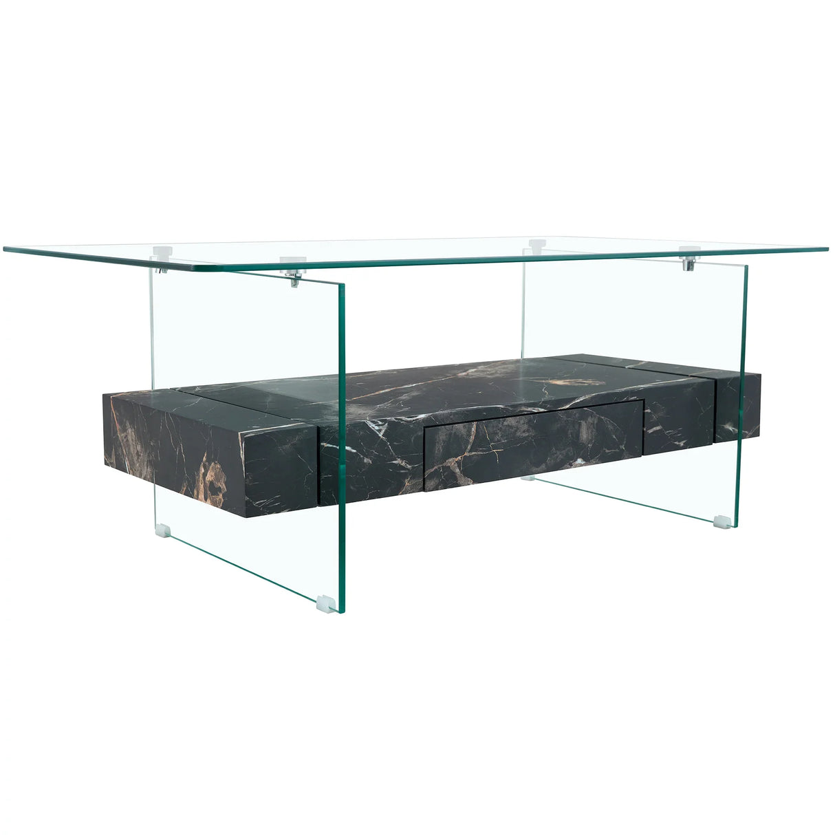 Coffee Table Two-Tier Glass With Solid Marble Base Black - Furniture Home Direct