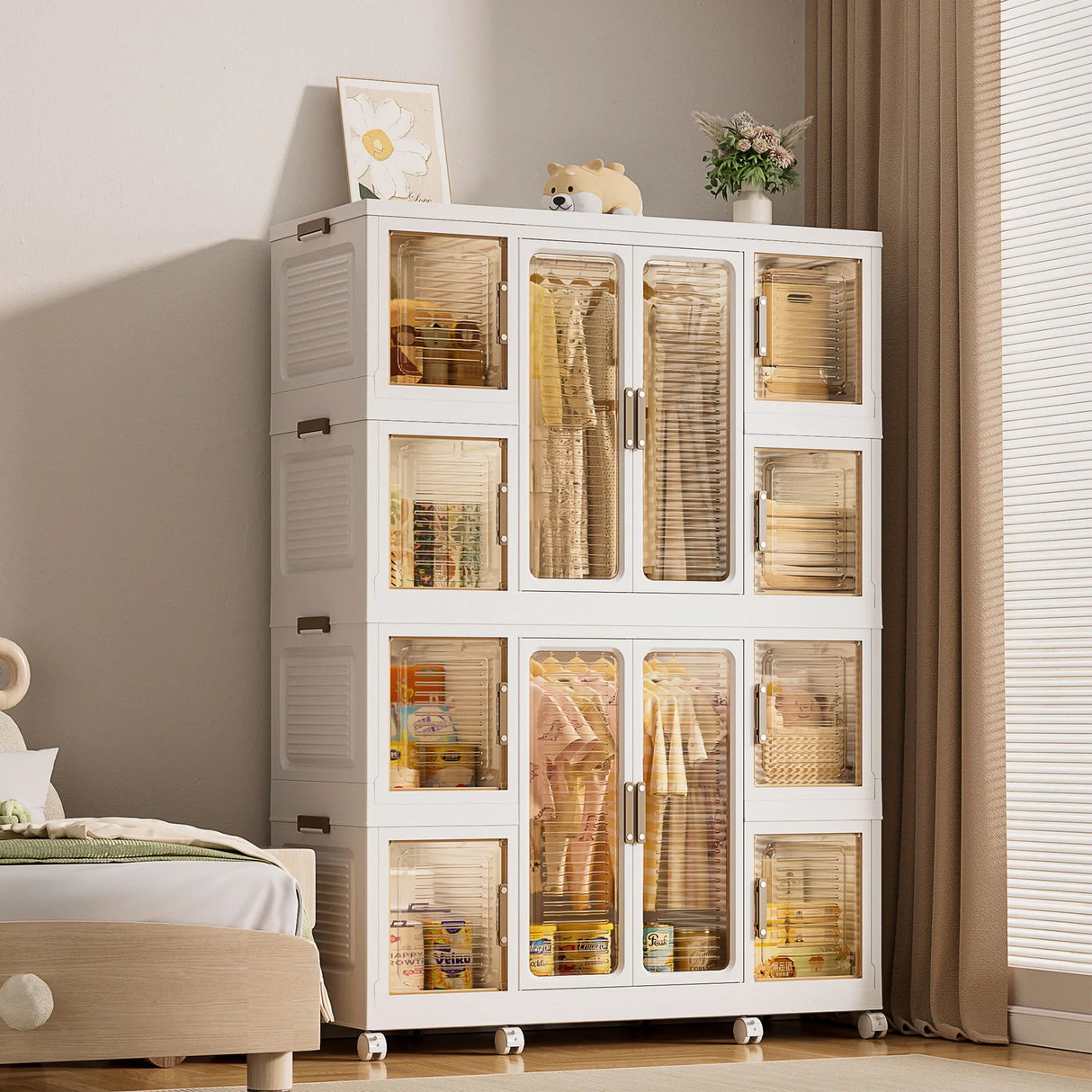 Portable Wardrobe Closet Storage Organizer For Clothes With Magnetic Doors, 12 Cubes & 2 Hanging Rods - White - Furniture Home Direct