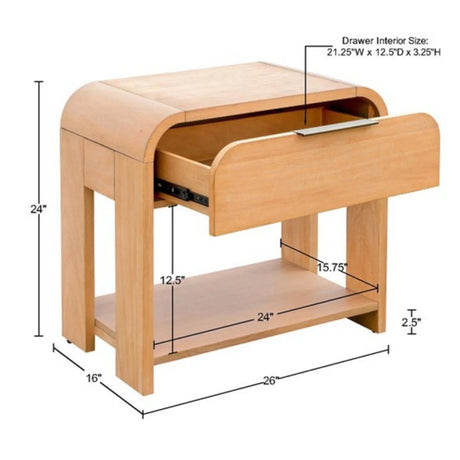 Modern 1 Drawer Waterfall Nightstand With Mid Century Design - Natural - Furniture Home Direct