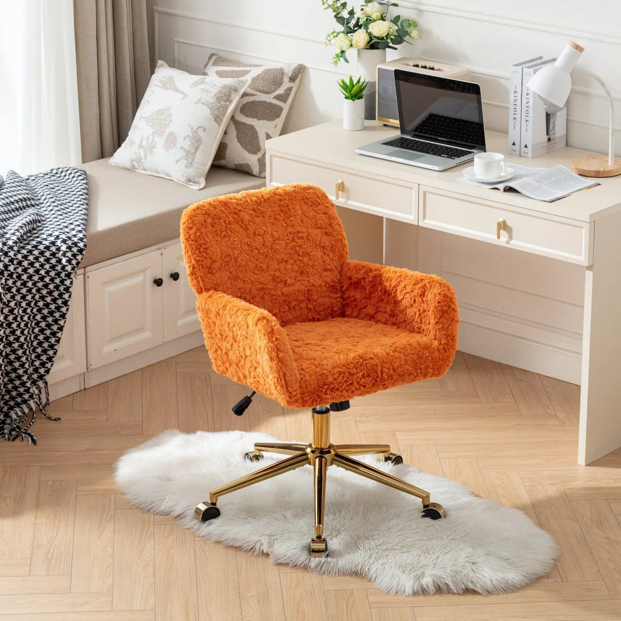 Office Chair, Artificial Rabbit Hair Home Office Chair With Golden Metal Base, Adjustable Desk Chair Swivel Office Chair, Vanity Chair - Furniture Home Direct