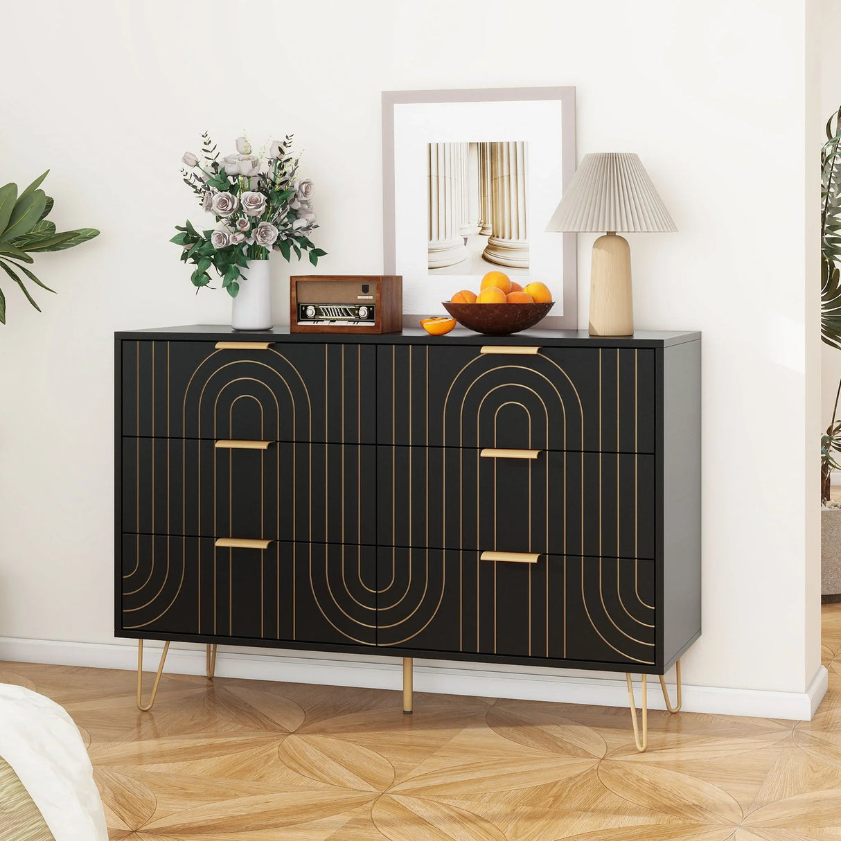 Modern 6 Drawer Dresser, Modern Dresser With Metal Handles, Storage Chest Of Drawer, Wide Dresser Drawer Organizers With Carving Design For Bedroom, Living Room, Hallway - Black - Furniture Home Direct