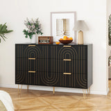 Modern 6 Drawer Dresser, Modern Dresser With Metal Handles, Storage Chest Of Drawer, Wide Dresser Drawer Organizers With Carving Design For Bedroom, Living Room, Hallway - Black - Furniture Home Direct