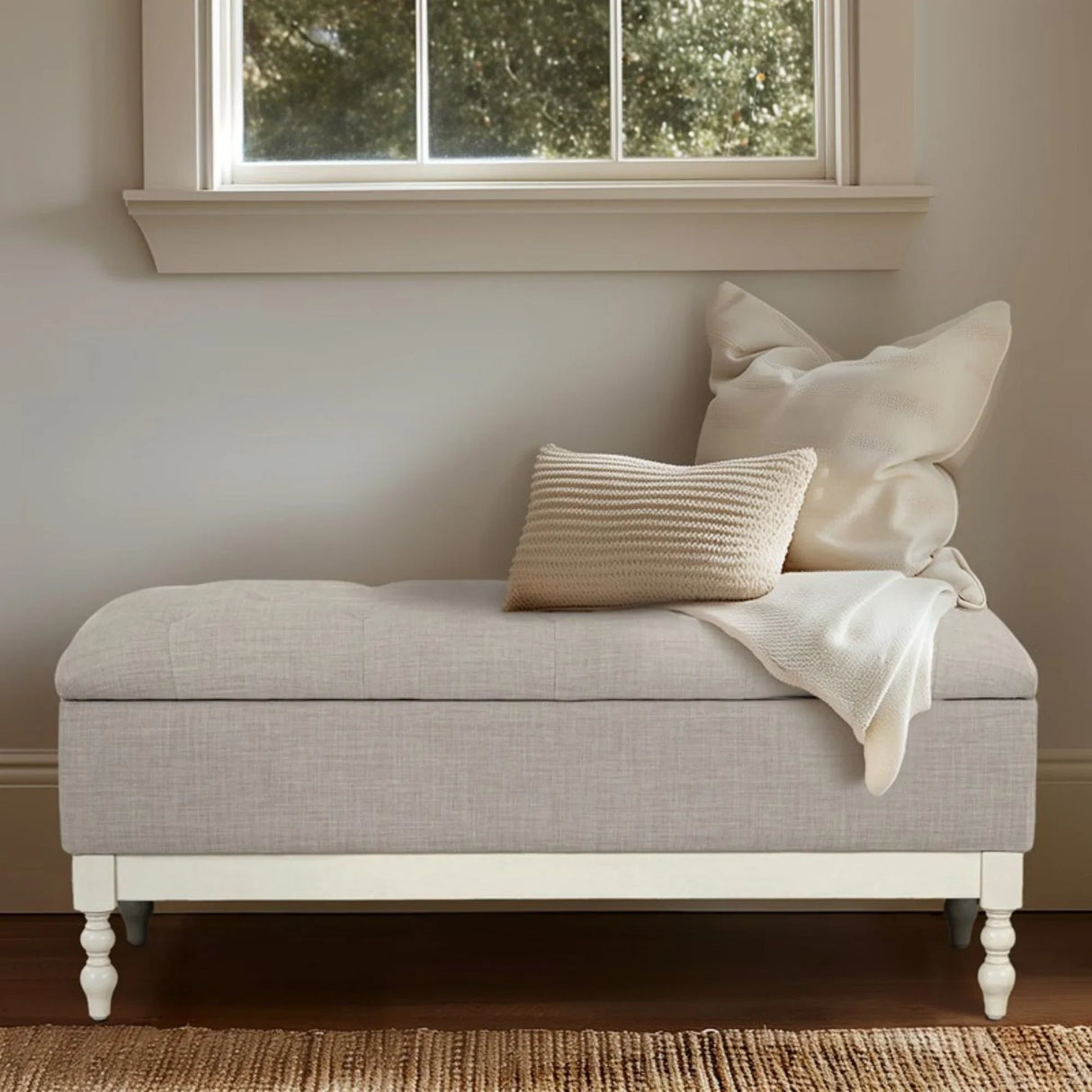 Tufted Storage Bench With Soft Close Lid - Light Gray / Cream - Furniture Home Direct