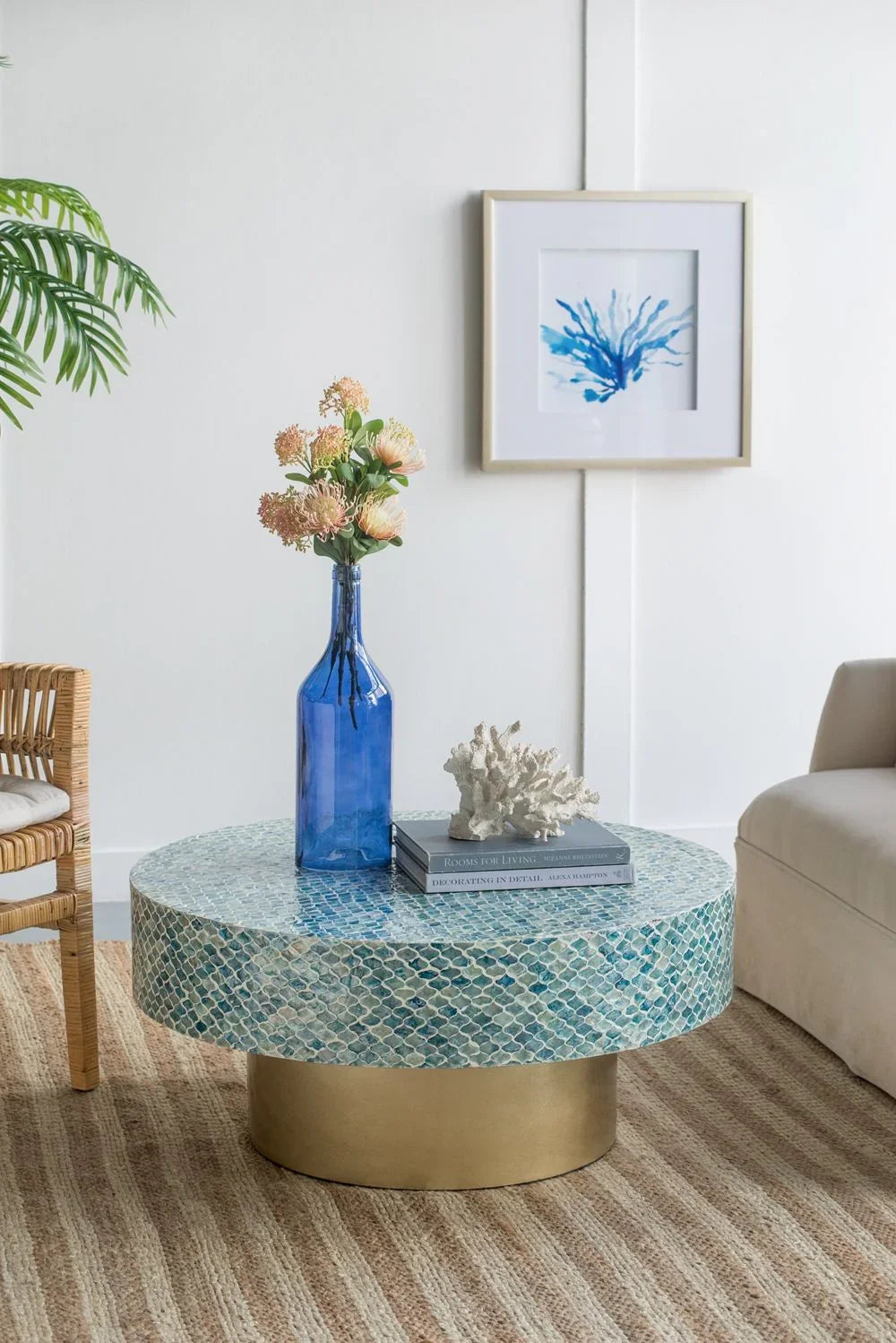 Unique Capiz Coffee Table & Pedestal Base - Furniture Home Direct