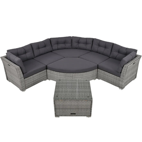Elegant Patio Furniture Set Outdoor Daybed Rattan Sectional With Cushions And Center Table - Gray - Furniture Home Direct