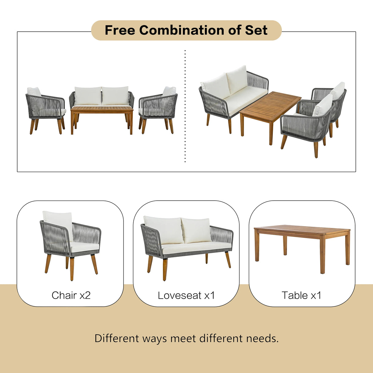 4-Piece Patio Conversation Set with Loveseat, 2 Chairs, Coffee Table + Cushions - Gray - Furniture Home Direct