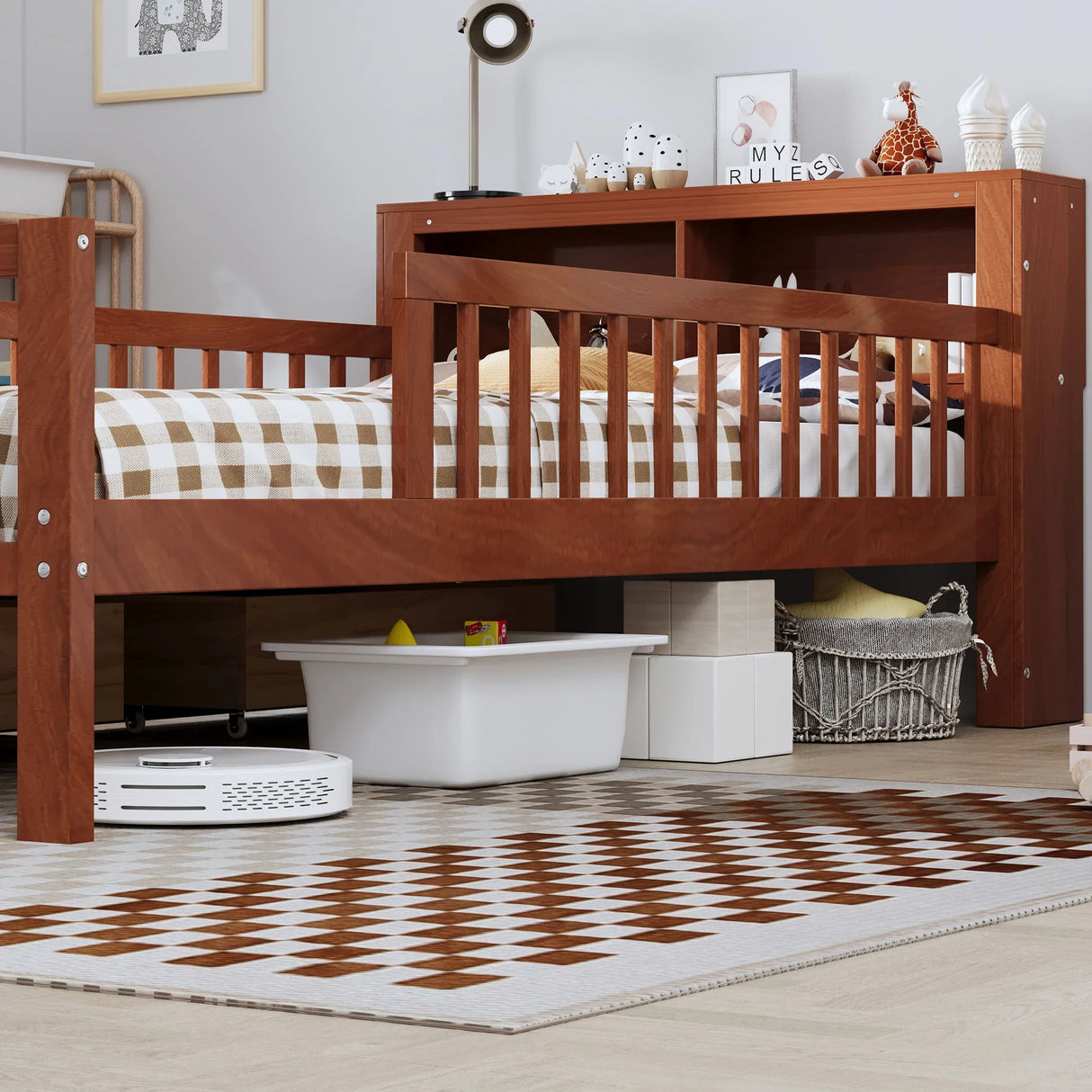 Bed With Headboard Storage Rack, 2 Under Bed Drawers, 3 Side Guardrails For Safety - Furniture Home Direct