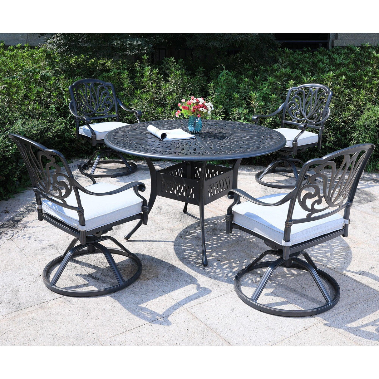 Round 48.03" Long Aluminum Dining Set With Cushions - Furniture Home Direct