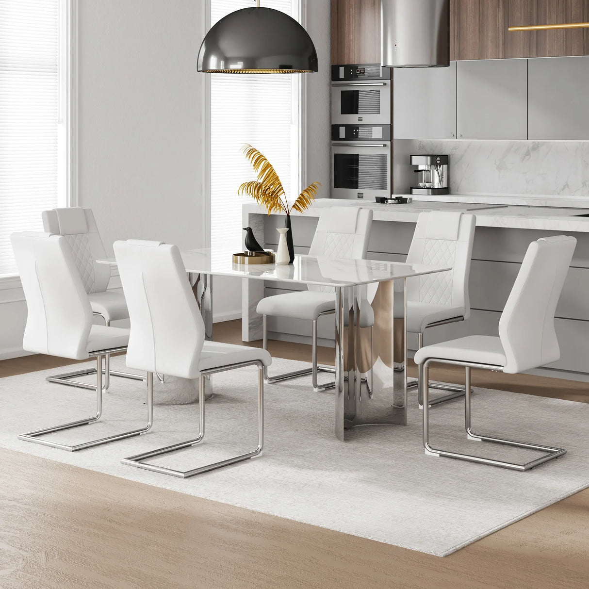 Dining Set 7 Piece Marble Top Table And Chairs White - Furniture Home Direct
