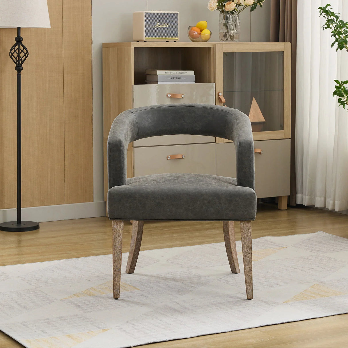 Wide Modern Barrel Open Back Upholstered Accent Chair With Weathered Solid Wood Legs - Furniture Home Direct