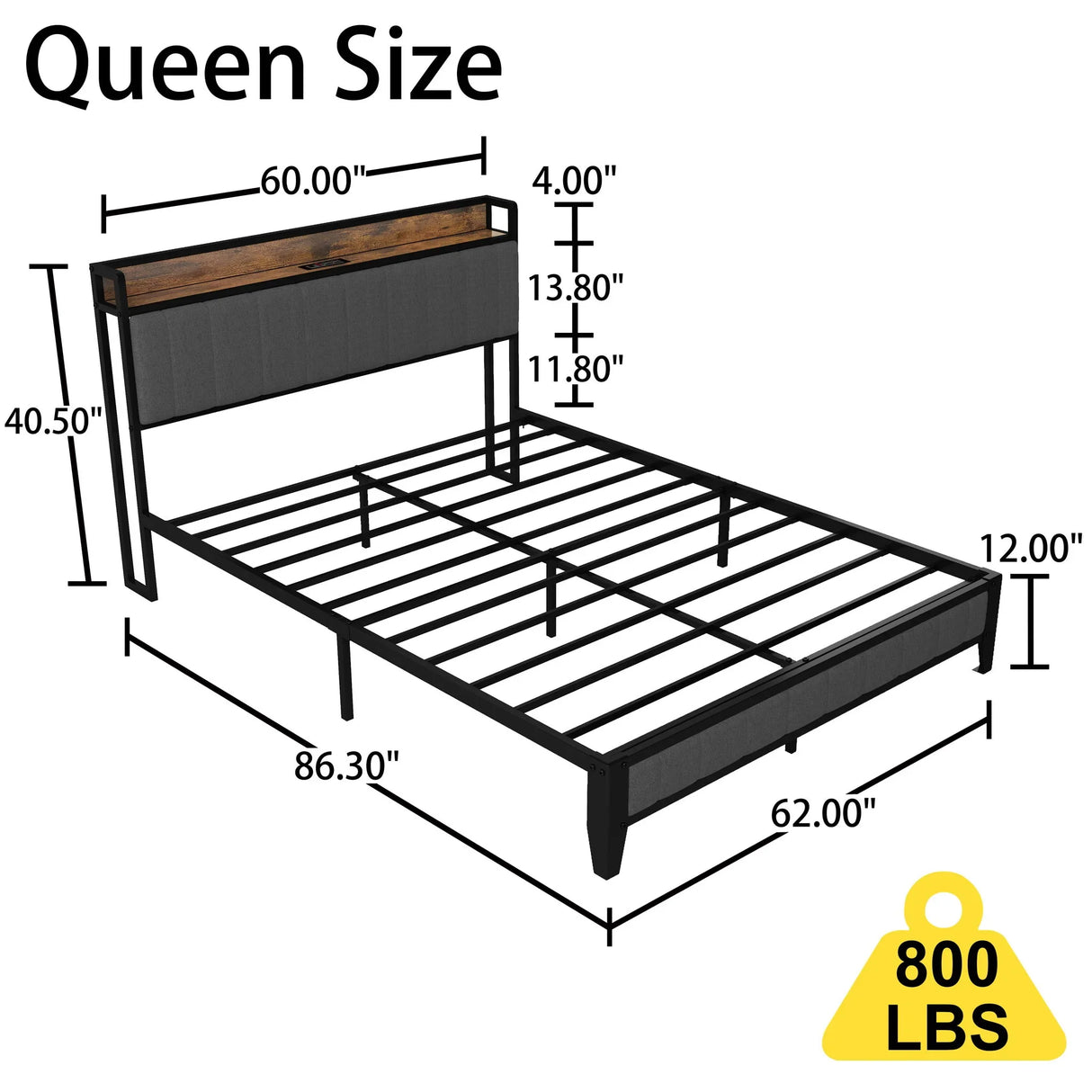 Bed With Charging Station, American Design Upholstered Headboard, Metal Platform - Furniture Home Direct