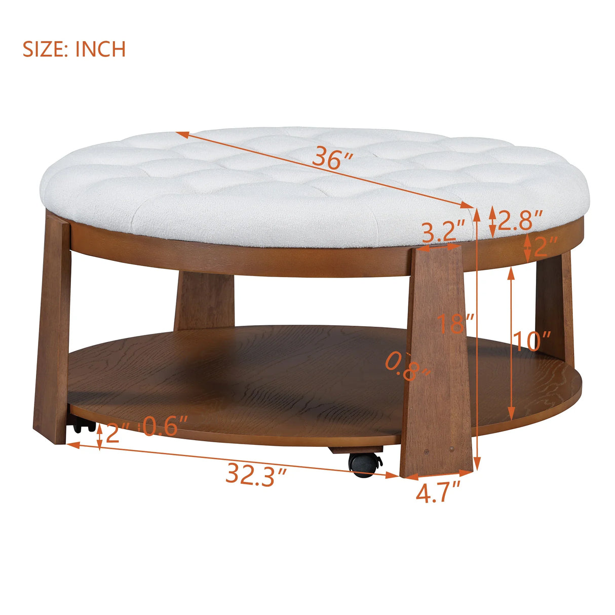 Round Ottoman Coffee Table with Upholstered Top Ivory White - Furniture Home Direct