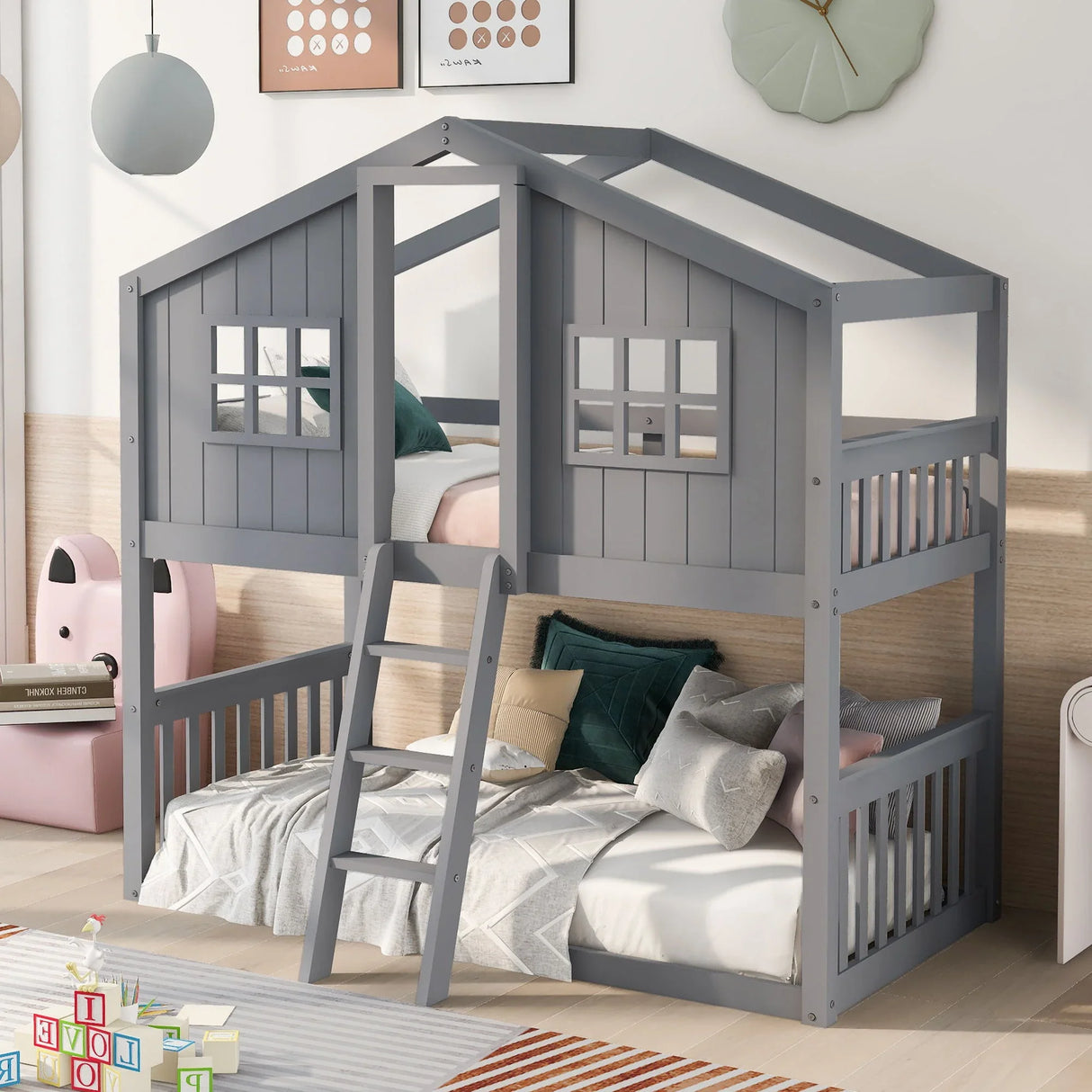 House Bunk Bed With Ladder, Wood Bed - Furniture Home Direct