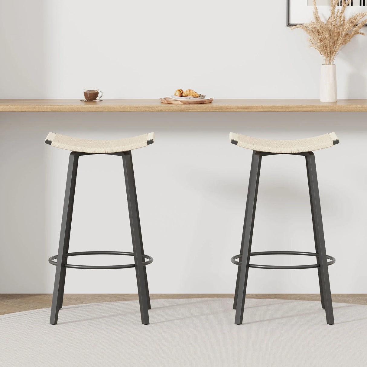 Counter Height Bar Stools Backless Handwoven Kitchen Dining Chairs With Round Footrest (Set of 2) Weaving Pub Stoo - Creamy White - Furniture Home Direct