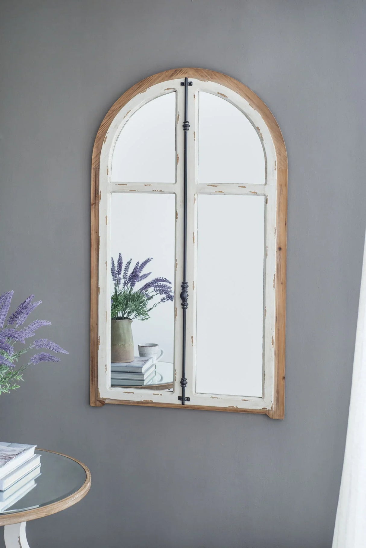 Arch Wood Wall Mirror - Brown Antique White - Furniture Home Direct