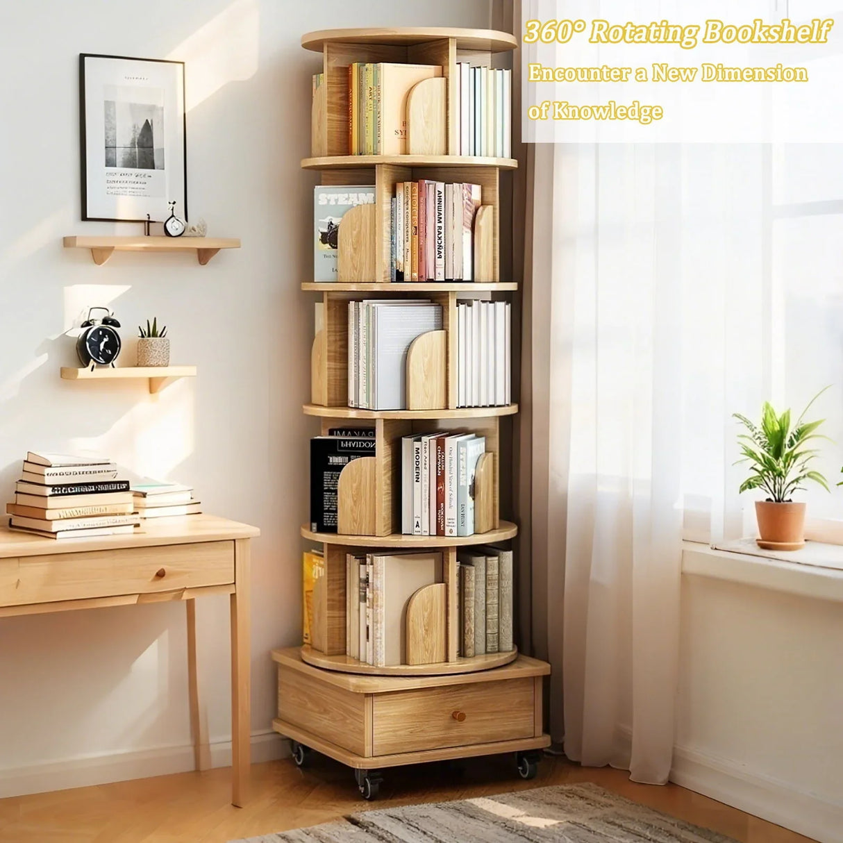 6 Tier Rotating Bookshelf With Wheels And Drawer, 360° Spinning Design, Space Saving Storage, For Home - Wood - Furniture Home Direct