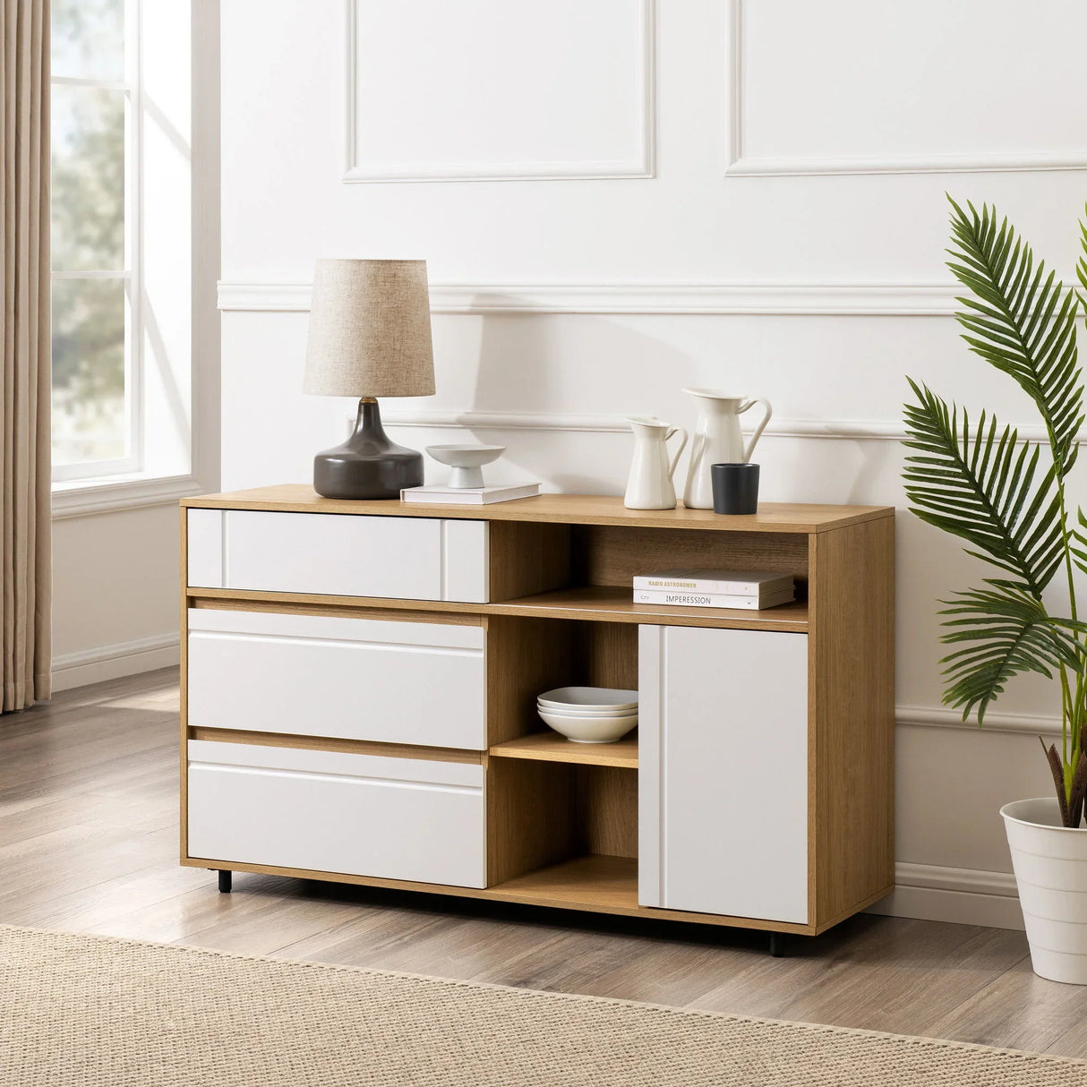 Contemporary Detailed Door Sideboard With Open Storage - Furniture Home Direct