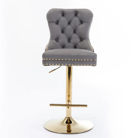 Counter Stools Tufted Velvet Back Swivel Gold Base Gray - Furniture Home Direct
